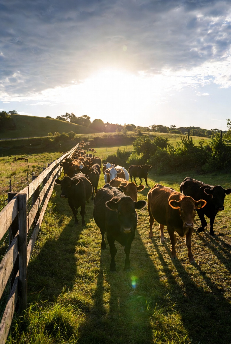 Dunn Right Ranch LLC herd being moved to fresh pasture along the fence line — rotational grazing in Amelia County, Virginia