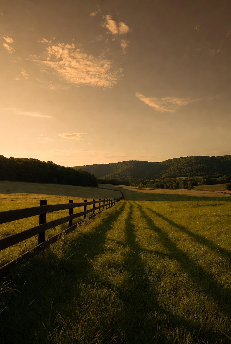Dunn Right Ranch LLC pasture at golden hour — Amelia County, Virginia