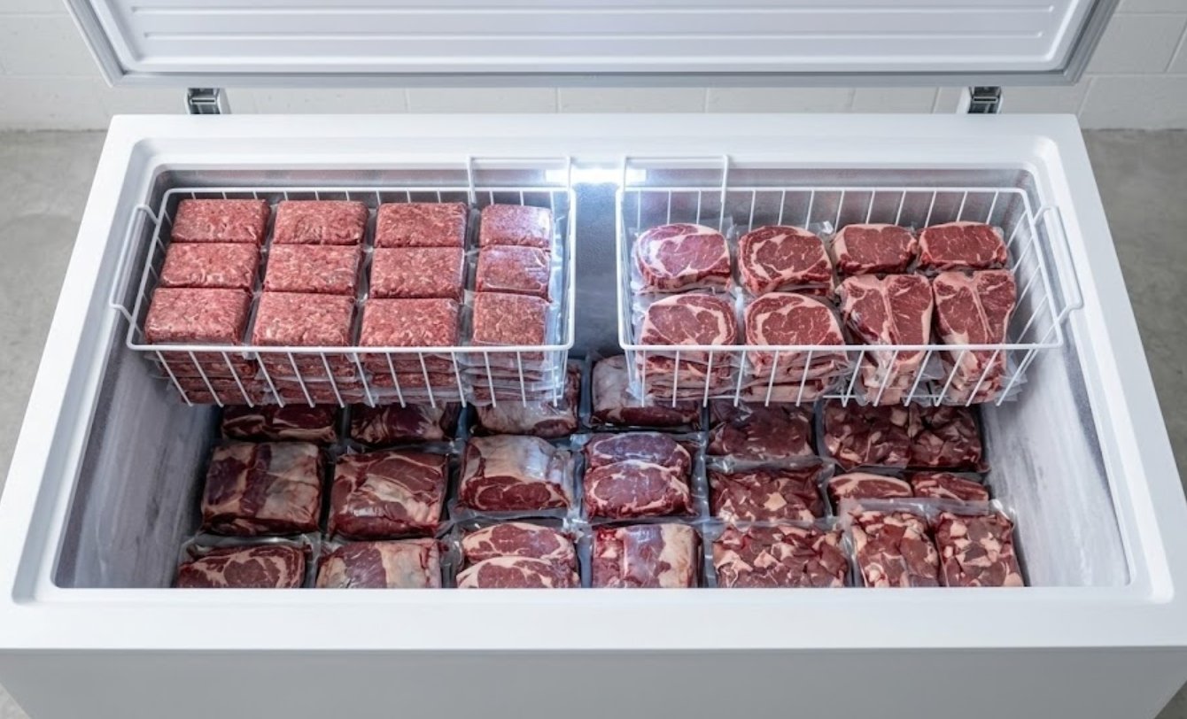 Half cow share — chest freezer with vacuum-sealed beef