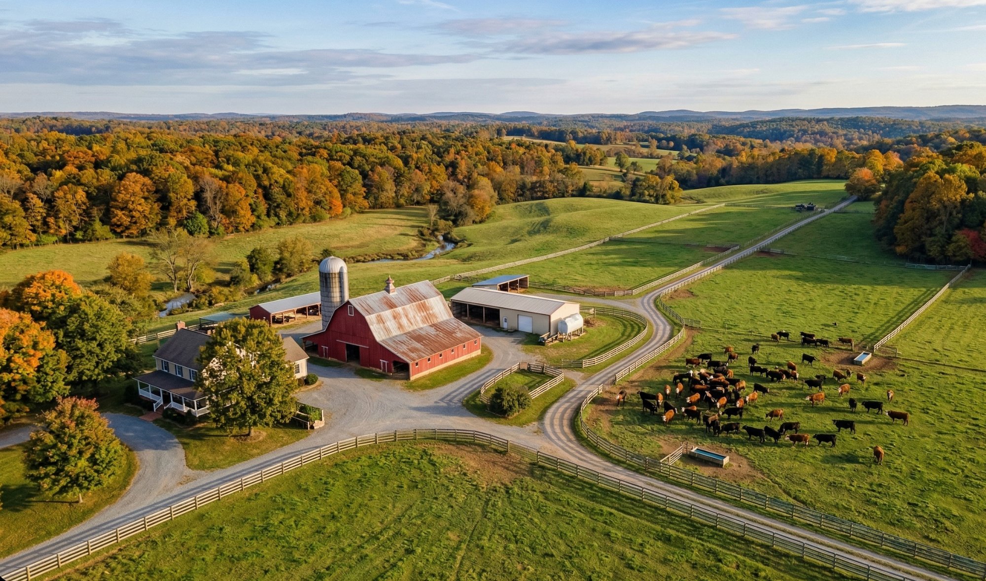 Aerial view of Dunn Right Ranch LLC — red barn, fall foliage, herd grazing in Amelia County, Virginia