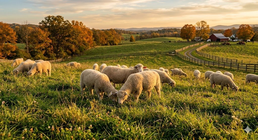 Grass-fed sheep grazing on open Virginia pasture at golden hour — Dunn Right Ranch LLC